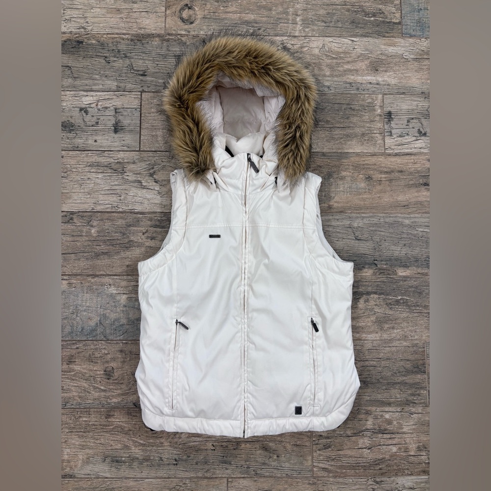 Columbia Women’s White Puffer Vest w/ Detachable Faux Fur Hood – Size M